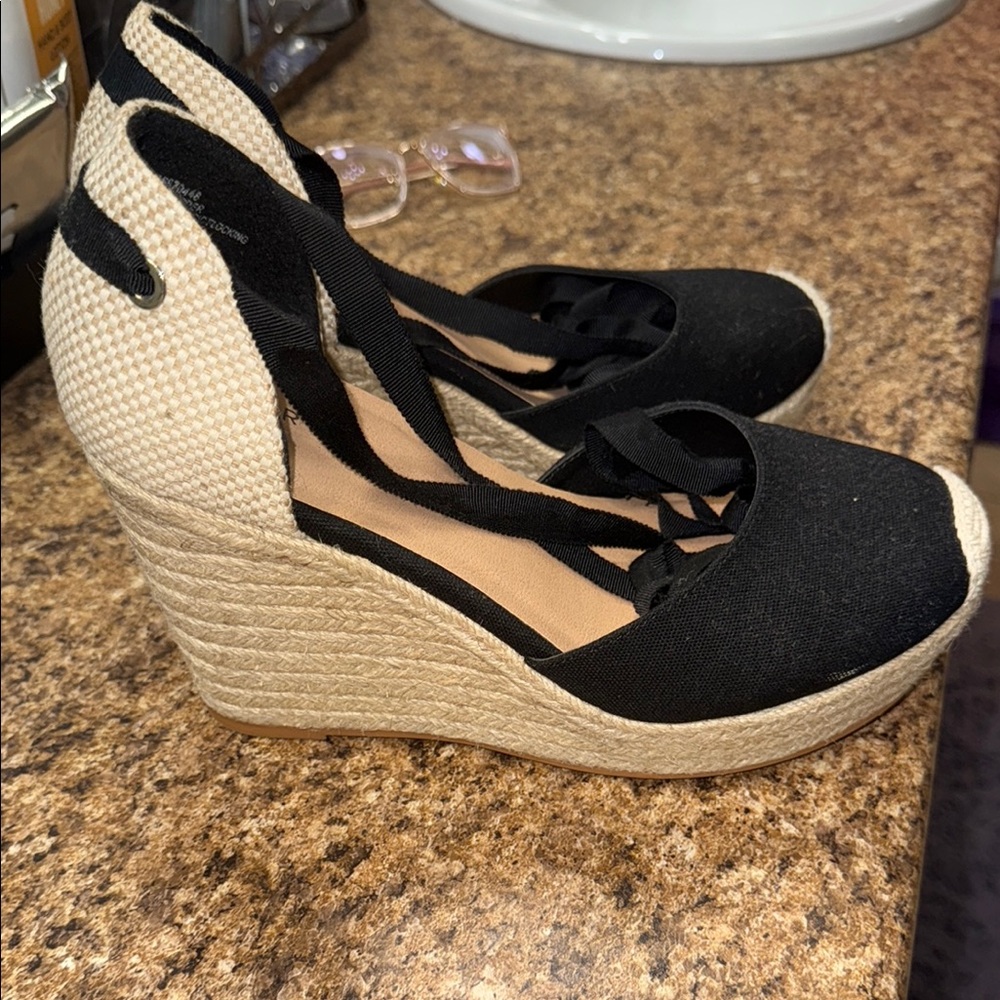 Black and Tan Espadrille Wedge Sandals